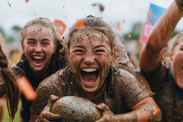 Muddy but victorious, a group of girls celebrates a rugby win, their faces beaming with joy and their uniforms covered in dirt and mud, highlighting the intense match they played.