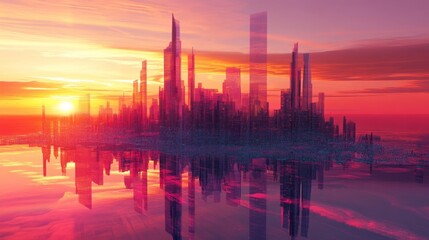 Naklejka premium Glass City Reflection: A City Made of Shimmering Light