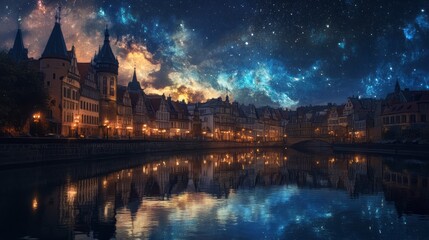 Fototapeta premium City Lights Reflect in Starry River - Stunning Nighttime Photography