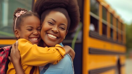 Joyful Goodbye Between Mother and School-Bound Daughter