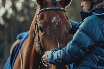 Obraz premium Equestrian sports Rider adjusts bridle and blanket on sorrel horse