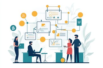 Team Collaboration in Flow Chart Analysis Meeting | Minimalist Flat Illustration Concept for Project Phases Discussion