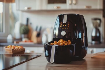 Flat lay image of air fryer oven on kitchen countertop offering fast crispy low fat food with hot air circulation for healthy snacking