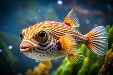 Obraz premium A solitary puffer fish swims in circles, its vibrant orange and white stripes contrasting with the dull gray aquarium background, conveying a sense of isolation.