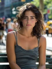 Fototapeta premium Young woman with wavy hair sitting on a bench in a bustling urban setting on a sunny day.
