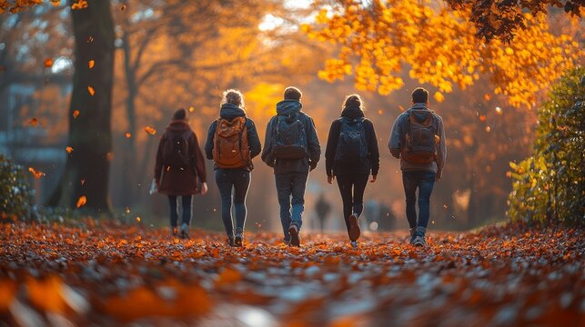 Friends Enjoying a Relaxing Walk Home From School Through Colorful Autumn Leaves