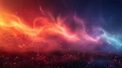 Naklejka premium Mystical Night Sky with Vibrant Colors and Silhouettes of Birds and Wildflowers