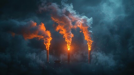 Fototapeta premium Industrial Smoke Stacks Release Pollution at Night