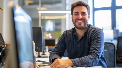 Fototapeta premium Focused Businessman with Computer in Background