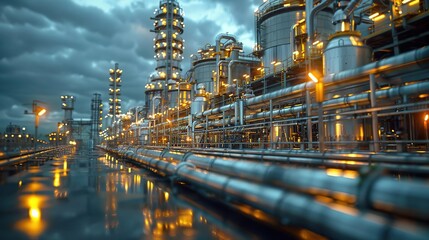 Fototapeta premium Industrial Plant at Night 3D Illustration