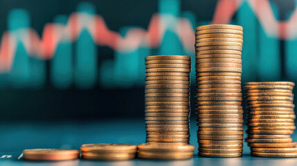 Stacks of golden coins with a stock market graph in the background. Conceptual image representing financial growth, investment, and wealth.