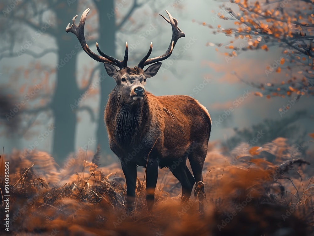 Sticker Majestic stag with impressive antlers standing in a misty autumn forest  exuding strength and elegance