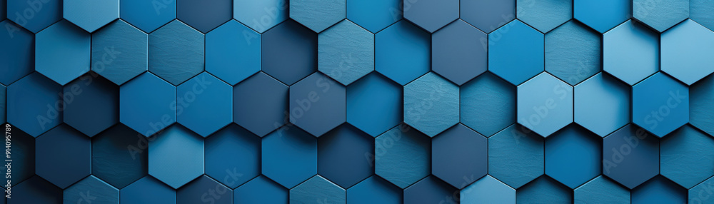 Poster blue hexagonal pattern texture with varying shades, creating a modern and dynamic geometric backgrou