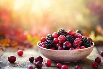 Cozy autumn scene featuring a bowl of mixed berries including cranberries, blackberries, and raspberries arranged on a wooden table.