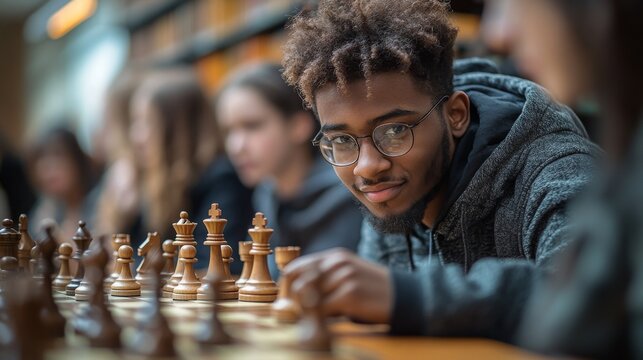 High School Students Engaged in Strategic Chess Matches in School Library During Afternoon