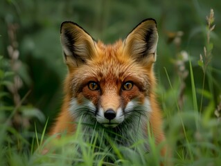 Obraz premium Curious Red Fox Peeks Through Tall Grass in Lush Forest Habitat