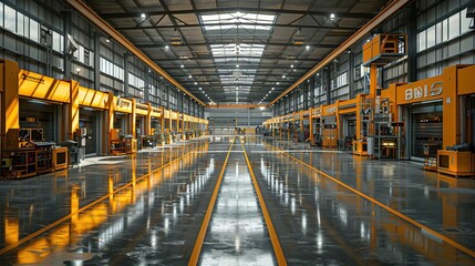 Fototapeta premium Modern Factory Interior with Yellow Lines and Equipment