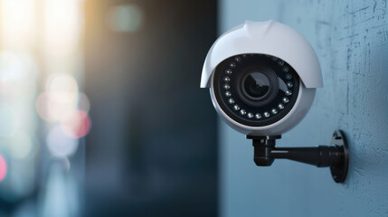 Obraz premium Modern security camera mounted on a wall capturing footage in a well-lit area, ensuring safety and monitoring with advanced technology.