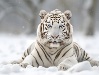 Fototapeta premium Majestic White Tiger Blending into Snowy Surroundings in Captivating Wildlife Portrait