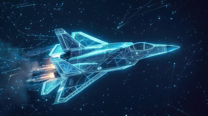 A hologram fighter. A military aircraft made of polygons, triangles of dots and lines. Fighter low-poly compound structure