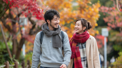 Fototapeta premium 公園で紅葉を楽しむ20代の日本人カップル