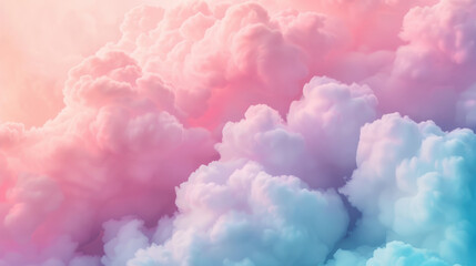 Dreamy pastel sky with soft, fluffy pink and purple clouds bathed in serene light, creating a calming and tranquil atmosphere.