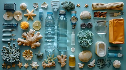 A clean and organized arrangement of family vacation essentials such as kids’ toys, sunscreen, snacks, water bottles, and a family travel itinerary, with ample space for text in the center, featuring 