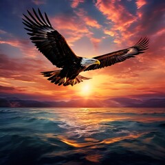 eagle-flying-over-the-sea-at-sunset-with-beautiful-skies-mixed-with-colors-and-there-is-great-shade