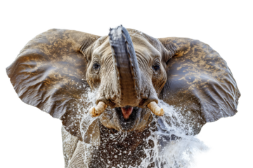 An elephant splashes water with its trunk, creating a dynamic and refreshing scene.