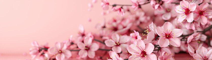 Close-up of beautiful pink cherry blossom flowers on a delicate branch against a soft pink background, representing spring and beauty.
