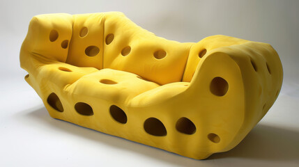 A yellow couch with holes in it