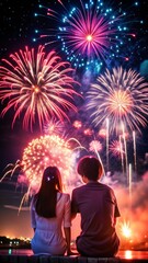 Romantic Anime Couple Watching Fireworks at Night