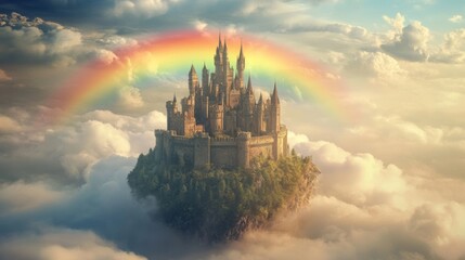 Fototapeta premium Medieval Castle on a Cloud with Rainbow - Fantasy Art