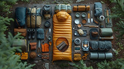 A flat lay of camping essentials including a tent, sleeping bag, portable stove, lantern, and camping utensils, meticulously arranged with space for text in the middle, photographed with natural light