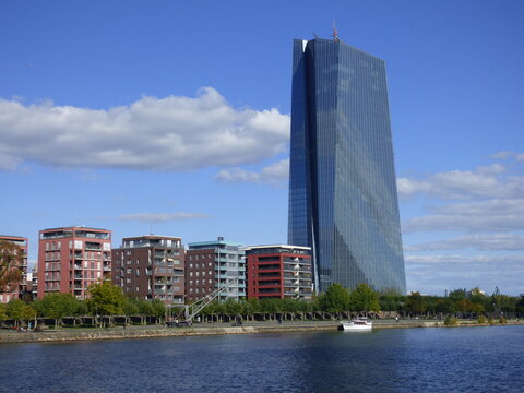 Building of the Central European Bank in Frankfurt next to the river Main. It was completed in November 2014 and has a height of 185 m