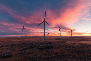 Obraz premium Wind turbines stand tall against a stunning sunset backdrop, highlighting sustainable energy solutions in a serene, open landscape with colorful skies and vast fields.