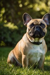 Fototapeta premium A brown and white dog is sitting on the grass