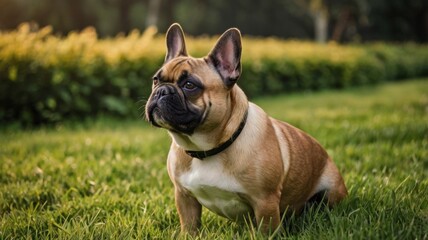 Fototapeta premium A brown and white dog is sitting in a grassy field
