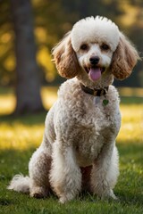 A poodle is sitting on the grass and looking at the camera