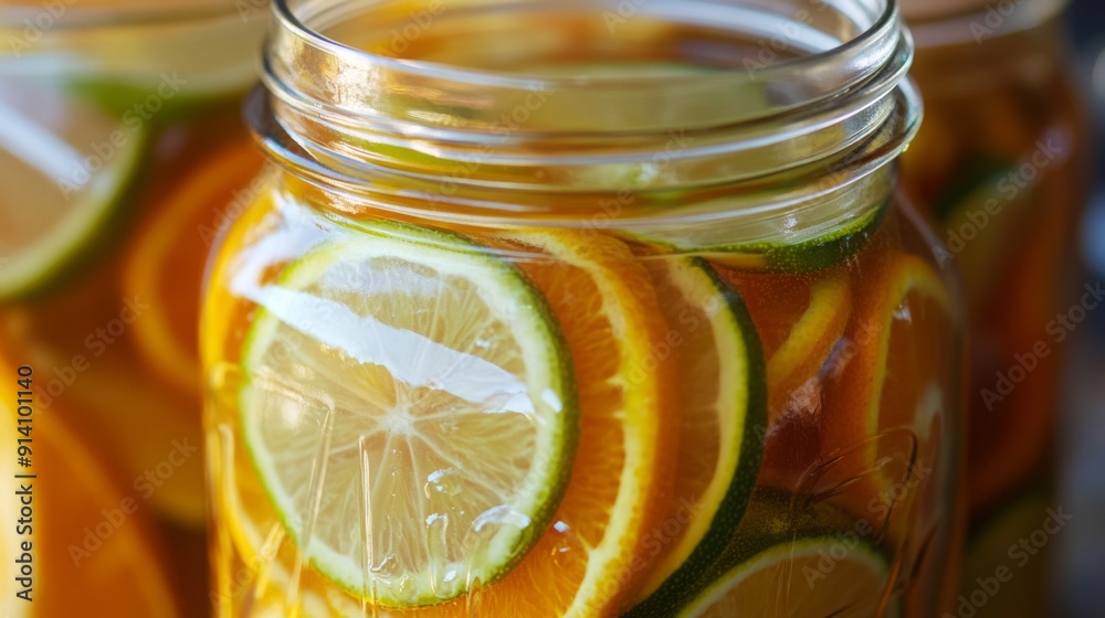 Aufkleber slices of oranges and limes are layered in glass jars, creating a vibrant and refreshing drink with 