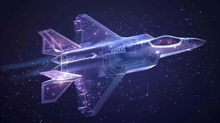 A hologram fighter. A military aircraft made of polygons, triangles of dots and lines. Fighter low-poly compound structure