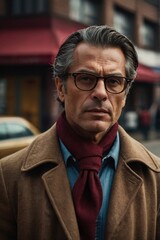 Obraz premium A man wearing glasses and a scarf stands in front of a building
