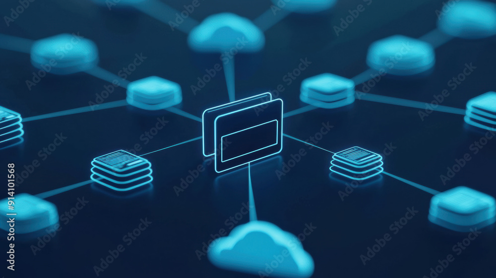 Poster digital network visualization depicting cloud computing and storage with interconnected nodes and da