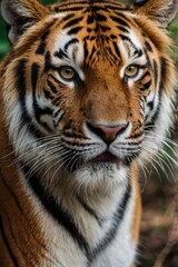 A tiger is staring at the camera with its mouth open