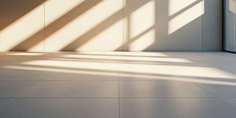 Obraz premium Empty room with shadows cast by gridded windows on a minimalist concrete wall during daytime.
