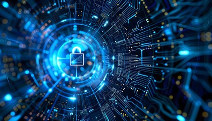 Fototapeta premium Digital lock security concept with futuristic circuit board and glowing lines, representing cybersecurity, data protection, and digital technology.