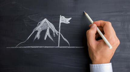 Hand holding pen drawing mountain and flag on chalkboard, symbolizing achievement, goal setting, and reaching milestones. Conceptual success art.