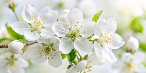 Fototapeta premium Delicate white apple blossoms unfurl on a branch, filling the frame with soft petals and golden centers against a clean white background in a macro shot.