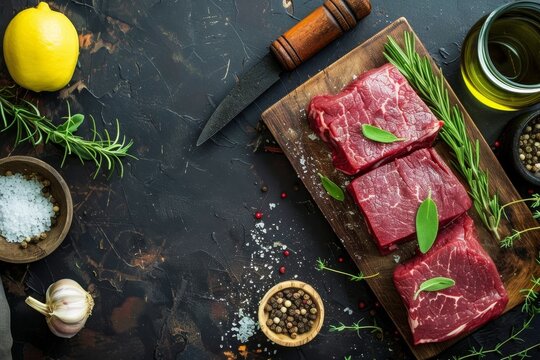 Raw beef fillet tenderloin on wooden cutting board with cooking ingredients for steak