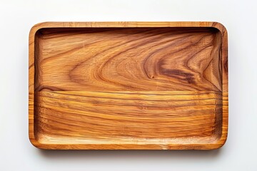 Rectangular wooden tray on white background viewed from above